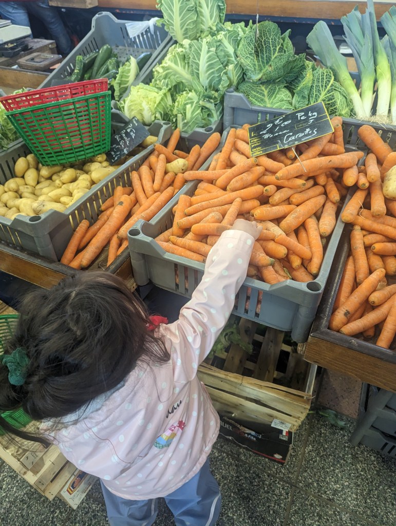 Toddler reaching out to purchase carrots at a farmer's market in France